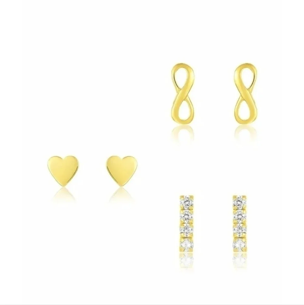 14K Gold Sterling Silver Heart, Infinity, & CZ Bar Stud Earrings